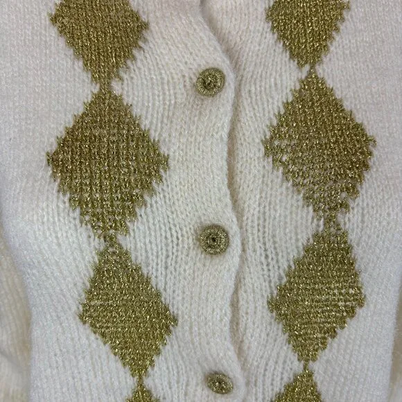Vintage 80s Metallic Cardigan Women's Large Gold Harlequin Diamonds Sweater - Picture 4 of 8